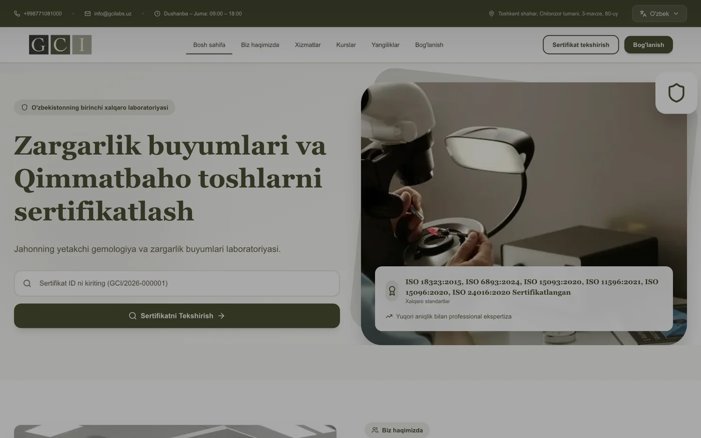 GCI Labs — sertifikat tekshiruvi — loyiha ko'rinishi