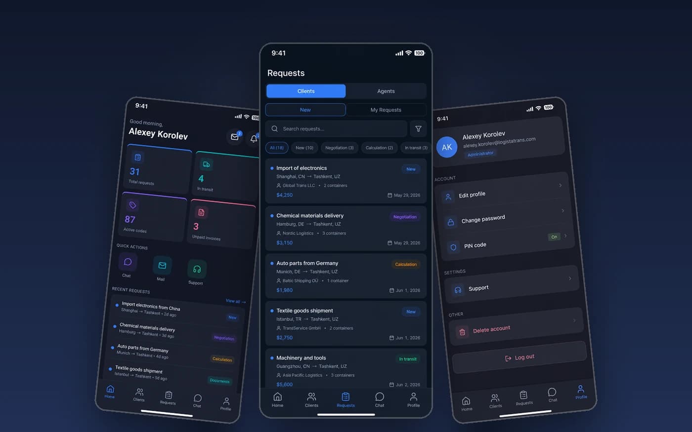 LogistaTrans — mobil CRM — loyiha ko'rinishi